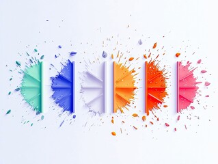 A dynamic composition featuring radial bursts of color, resembling paint splatters, emanating from vertical bars in shades of green, blue, white, orange, red, a