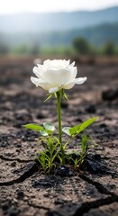 A single white flower blooming in dry, cracked soil with a blurred natural landscape in the background under a clear sky