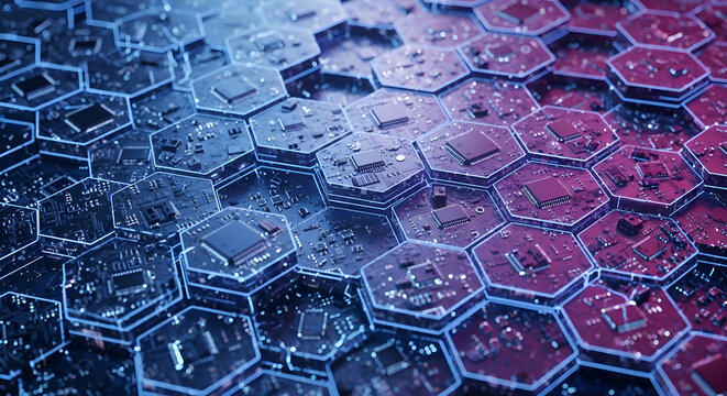 Stunning close up of hexagonal microchips connecting in glowing blue and pink networks perfect for cutting edge technology concepts and innovative designs