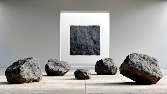 A group of rocks are arranged in a room with a large square painting on the wall. The painting is black and white and he is abstract. The rocks are scattered around the room