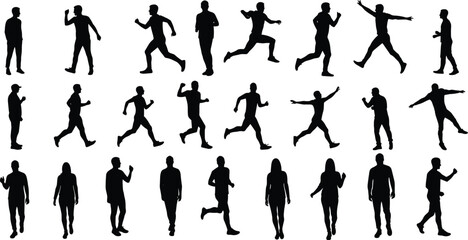 Silhouette, human, figure, standing, walking, running, gesture, movement, body, posture, action, motion, people, activity, exercise, fitness, lifestyle, illustration