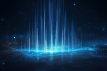 Abstract Glowing Blue Light Vertical Bars on Dark Space Background with Stars and Light Streaks