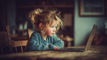 Childhood Curiosity: A young child, engrossed in the world of technology, gazes intently at a laptop screen, embodying the essence of youthful curiosity and exploration. - Powered by Adobe