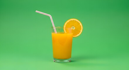 A refreshing glass of orange juice with a slice of orange on the rim and a straw, set against a vibrant green background, perfect for promoting healthy beverages and summer drinks