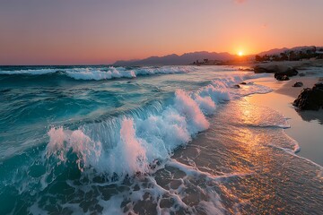 Dramatic sunset over rocky coastline with glowing turquoise waves