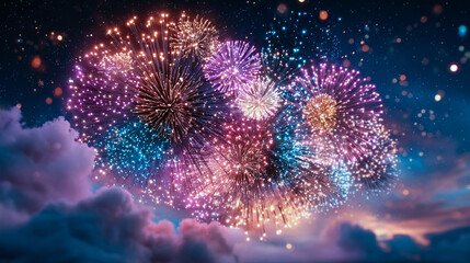 Colorful fireworks exploding in a night sky with clouds and stars creating a festive atmosphere