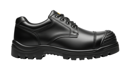 Black leather work boot transparent background cutout png