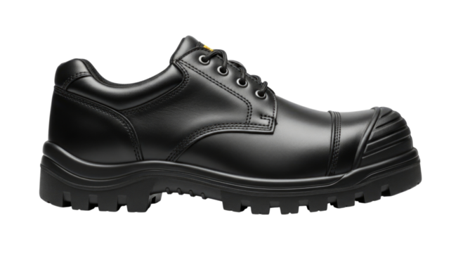 Black leather work boot transparent background cutout png