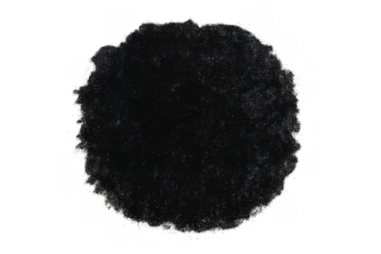Black rough textured circular ink blot abstract element, torn textured paper effect, transparent background