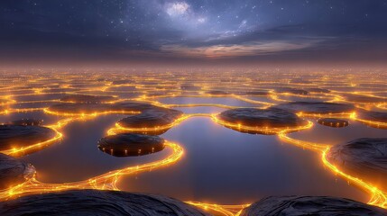 Abstract Golden Nodes Connected Under Starry Night Landscape with Dark Hills and Glowing Light in a Mesmerizing Vista at Twilight