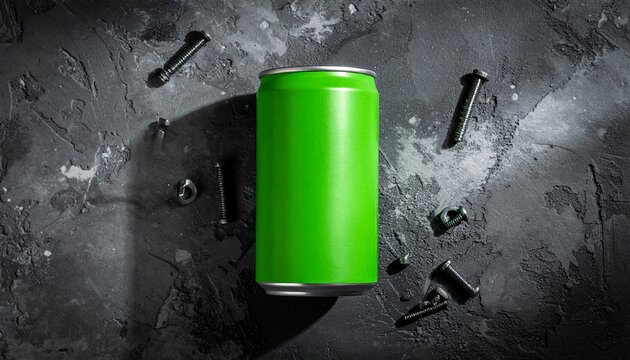 Green blank beverage can mockup for product branding and marketing, set on a dark industrial background with scattered metal parts, perfect for design presentation - Powered by Adobe