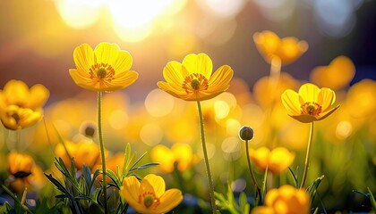 A close-up view of several vibrant yellow buttercup flowers in a sun-drenched field, with a soft, blurred background.