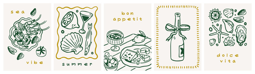 Dolce Vita cards with Italian seafood pasta, sea food, shells, limoncello bottle in retro doodle outline style. Italy summer holiday, coastal vacation, poster designs. Drawn vector illustrations