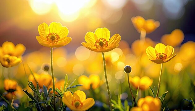 A close-up view of several vibrant yellow buttercup flowers in a sun-drenched field, with a soft, blurred background.