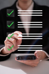 Professional entrepreneur businessman working in office check checklist form document report checkbox questionnaire task to-do list survey choice management quality control concept