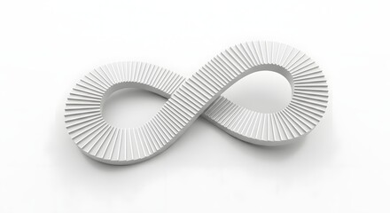 A minimalist 3D rendering of a white infinity symbol with a ribbed texture, representing the abstract concept of eternity and endless loops