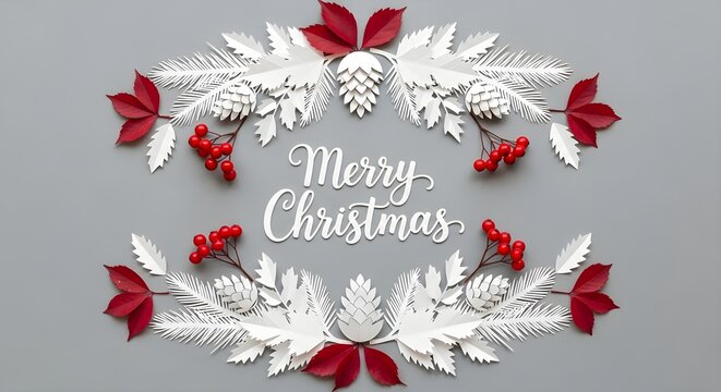 Merry christmas greeting card with paper decorations on a gray background design - Powered by Adobe