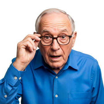 Old man surprised expression, elderly man lifting glasses, shocked old man reaction, surprised senior expression gesture concept &mdash; Isolated on transparent background, png
