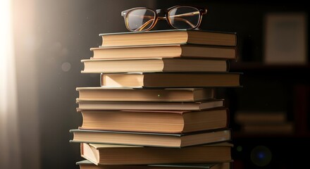 Stack of books with glasses education concept reading list knowledge literature study guide