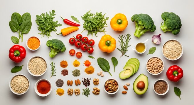 Healthy food flat lay vegetables fruits seeds nuts spices for balanced diet and nutrition