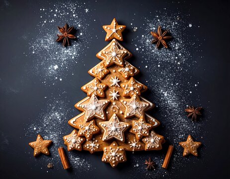 Festive gingerbread Christmas tree shaped from star cookies, dark background