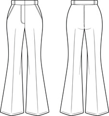 Women flared pants fashion flat sketch, technical cad drawing with waistband and pockets, front and back view vector illustration design