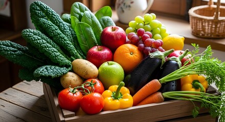 Fresh organic vegetables and fruits in wooden crate healthy eating concept harvest market