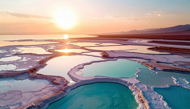 An aerial view captures the surreal beauty of mineral pools with turquoise water surrounded by white salt formations under a warm sunset sky.