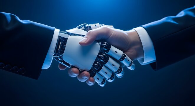 Robotics and human partnership concept of a handshake between a robot and a businessman