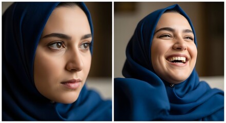Two close-up portraits of a young woman wearing a blue hijab, showcasing different facial expressions with one looking serious and the other smiling happily
