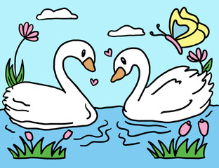 Cute hand drawn scenery of swans, lake, butterfly, flowers for background, wallpaper, backdrop, animal print, picnic, park, yard, summer vibe, river, poster, post card, nature, garden, social media