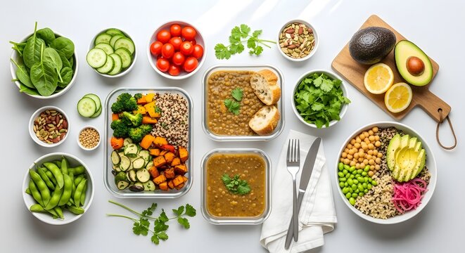 Healthy meal prep ideas for weight loss and balanced diet with fresh vegetables and protein - Powered by Adobe