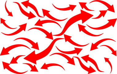 Dynamic pattern of red curved arrows flowing in multiple directions on a white background, symbolizing movement, guidance, progress, navigation, and energetic motion.
