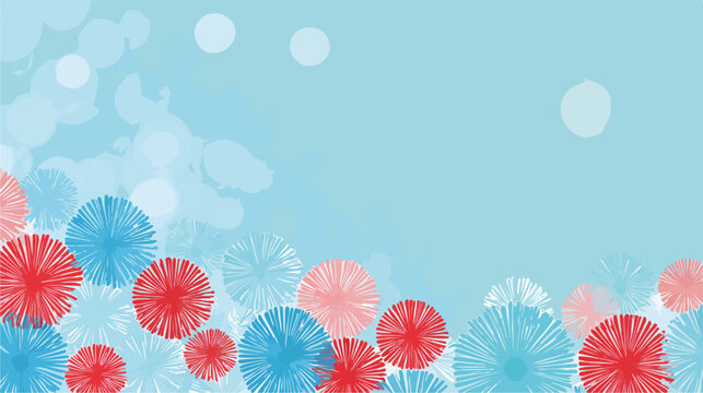 Sfondo astratto estivo con motivi floreali stilizzati rossi e blu su cielo azzurro