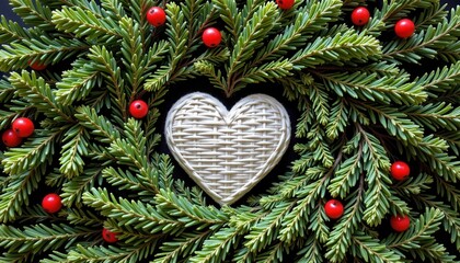 Decorative Greenery Frame with Woven Heart and Red Berries for Holiday Celebrations and Seasonal Decor