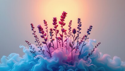 Ethereal Floral Arrangement Surrounded by Colorful Smoke in Soft Pastel Tones and Dreamy Lighting Effects