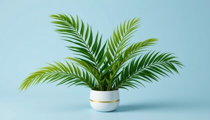 Lush Green Plant in White Pot with Gold Accent Against Soft Blue Background for Modern Interior Decor