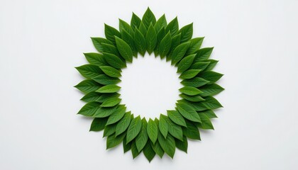 Circular Arrangement of Green Leaves on a White Background for Natural and Organic Themes in Design