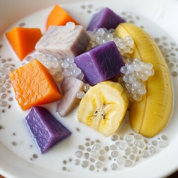 a bowl of Bubur Cha Cha, emphasizing the colorful mix of sweet potatoes, taro, and banana cooked in rich, white coconut milk, with visible chunks of sago pearls