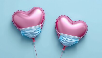 Heart-shaped balloons wearing face masks for health and love in modern society during pandemic times