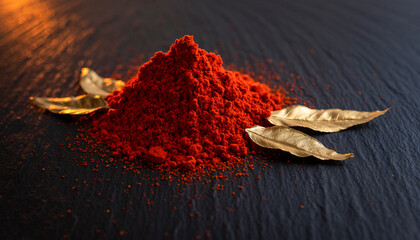 Red Turmeric Powder with Gold Leaf Accent Artistic Arrangement