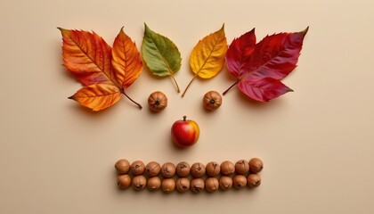 Autumn Arrangement with Colorful Leaves, Apples, and Nuts for Seasonal Decoration or Nature Concepts