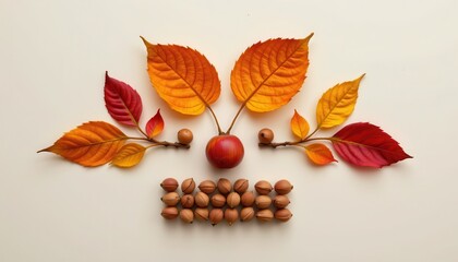 Colorful Autumn Leaves and Nuts Arranged Creatively on a Light Background for Seasonal Decoration