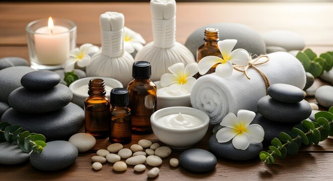 Spa and wellness products for relaxation and beauty treatment zen stones aromatherapy massage