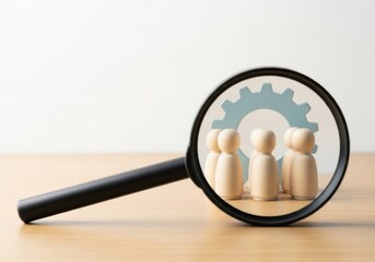 Teamwork analysis with magnifying glass on wooden figures and gear icon