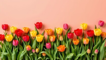 Colorful Tulips in Bloom Against a Soft Coral Background Perfect for Spring and Floral Inspired Designs