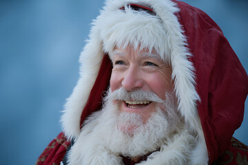 Close up portrait of a cheerful santa claus with a white beard and red hat