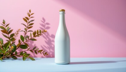 Minimalist White Bottle on Blue Surface with Green Foliage and Pink Background for Modern Design Aesthetic
