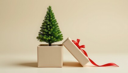 Small Christmas Tree with Red Ribbon Gift Box on Cream Background for Holiday Festivities and Celebrations