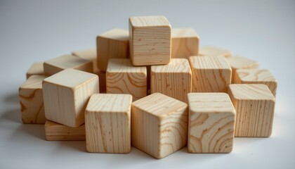 Pile of Natural Wooden Blocks with Smooth Surfaces Arranged Artistically on a White Background